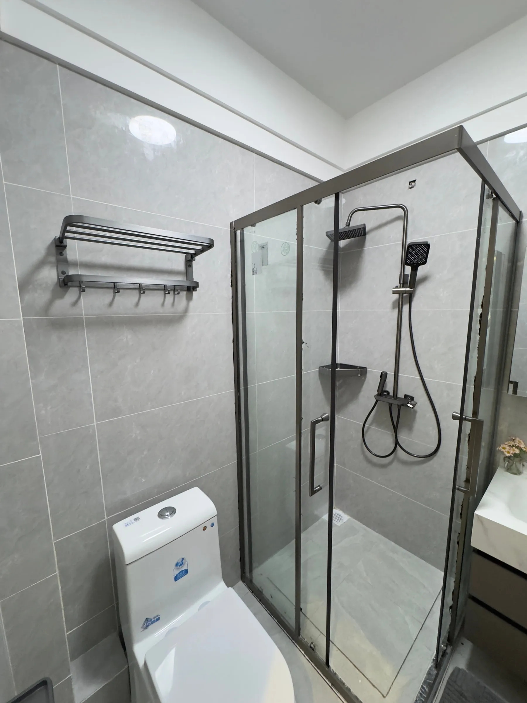 Bathroom with a glass shower enclosure, rain shower and towel rail