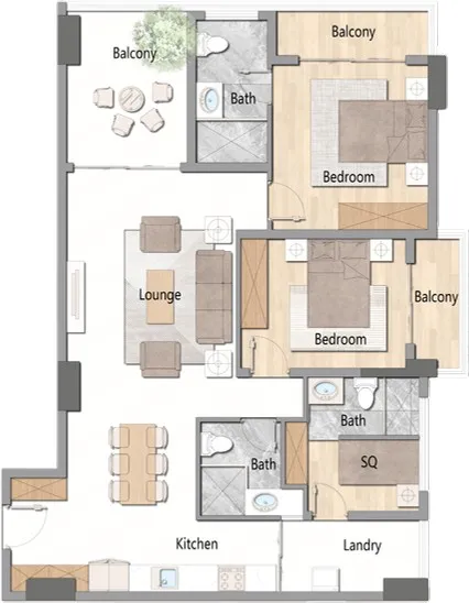 2 Bedrooms + DSQ floor plan
