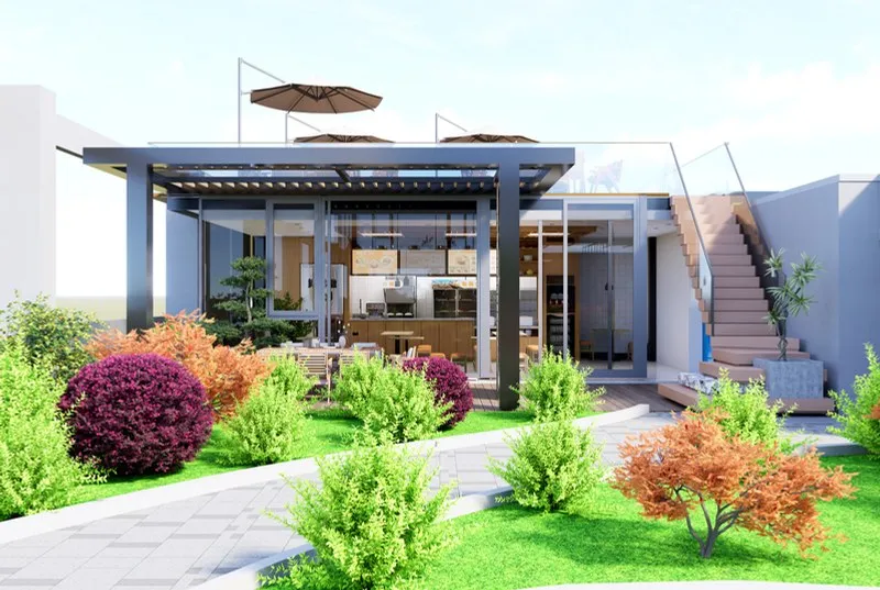 Rooftop coffee bar pavilion with planted gardens