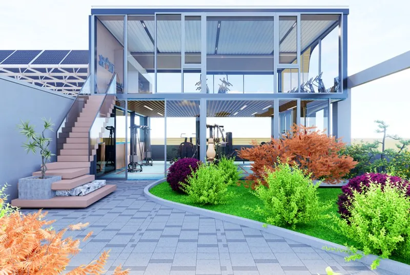 Glass-walled rooftop gym above a landscaped terrace
